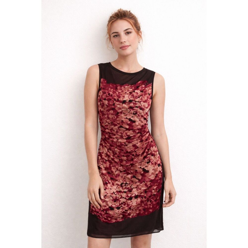 KAY UNGER Floral Mesh Cinched Midi Dress Pink‎ Brown Vintage Medium